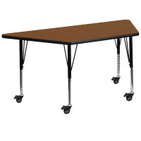 Flash Furniture XU-A3060-TRAP-OAK-H-P-CAS-GG Mobile Trapezoid Activity Table with Height Adjustable Pre-School Legs